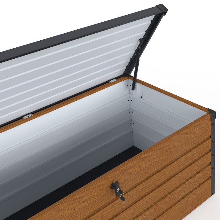 Coffre de rangement métal verrouillable effet bois et gris pour jardin 600L 165x70x63 cm