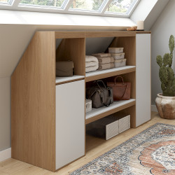 Set Regal 2 Ebenen, Schrank 1 Tür und Schrank 1 Tür + 1 Nische unter Dachschräge TOMI Buche und Weiß