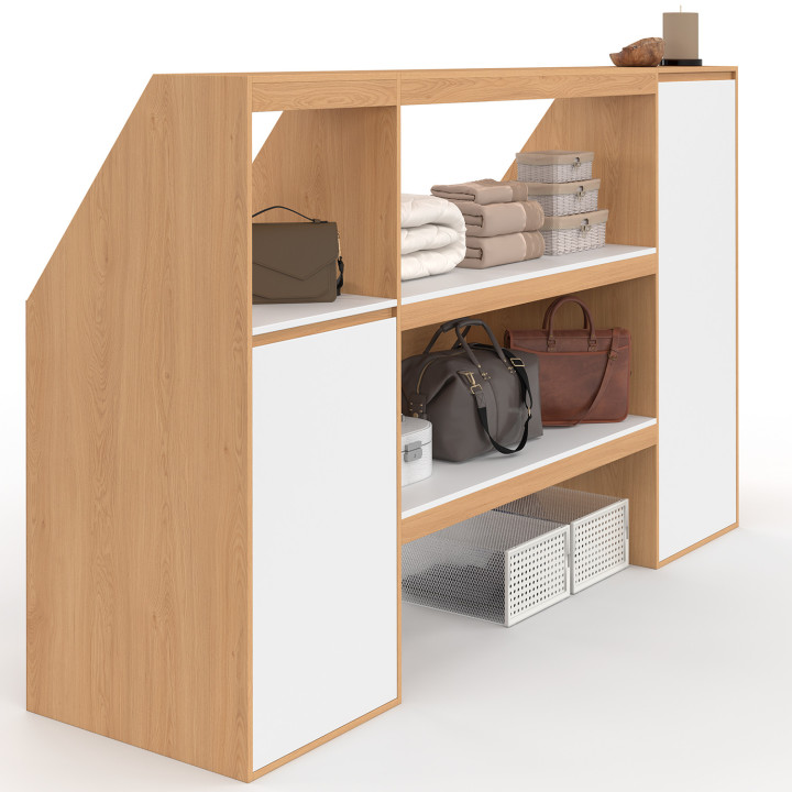 Set Regal 2 Ebenen, Schrank 1 Tür und Schrank 1 Tür + 1 Nische unter Dachschräge TOMI Buche und Weiß