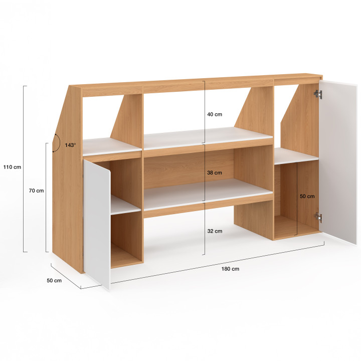 Ensemble étagère 2 niveaux, armoire 2 portes et armoire 1 porte + 1 niche sous pente TOMI hêtre et blanc