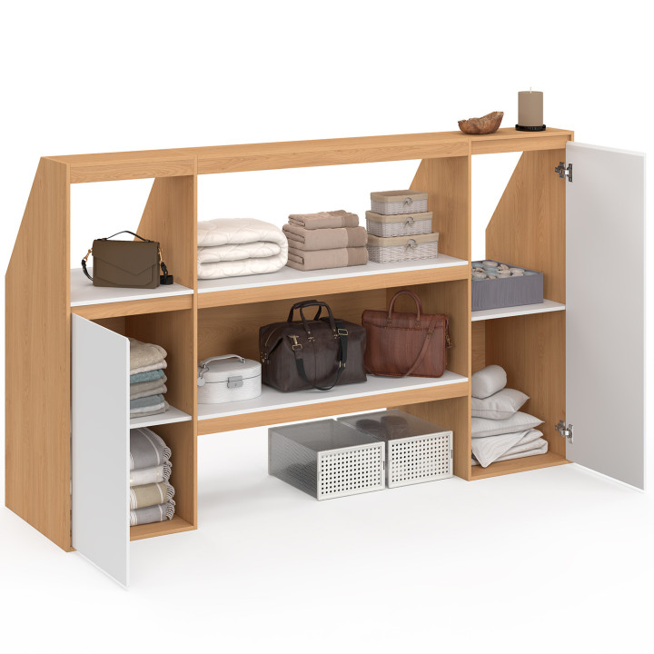 Set Regal 2 Ebenen, Schrank 1 Tür und Schrank 1 Tür + 1 Nische unter Dachschräge TOMI Buche und Weiß