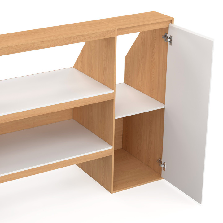 Set Regal 2 Ebenen, Schrank 1 Tür und Schrank 1 Tür + 1 Nische unter Dachschräge TOMI Buche und Weiß