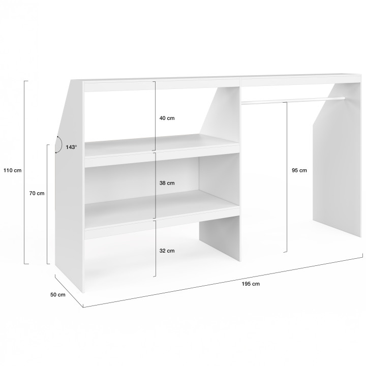 Onderbouw-kleedkamerset met legplank op 2 niveaus en TOMI-uittrekbare garderobekast 195 x 50 x 70/110 cm wit