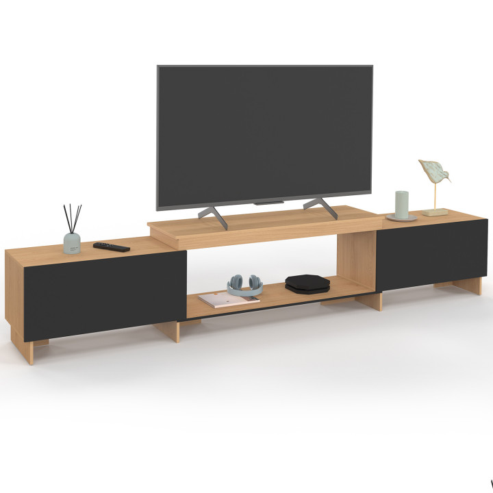 Meuble TV 140-240 cm VLAD extensible avec base 120 cm 2 portes bois et noir