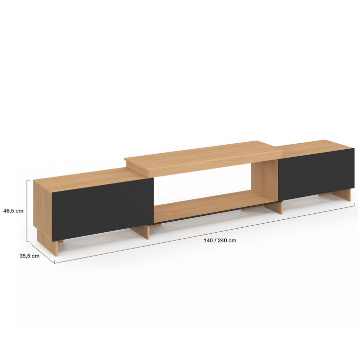 Meuble TV 140-240 cm VLAD extensible avec base 120 cm 2 portes bois et noir