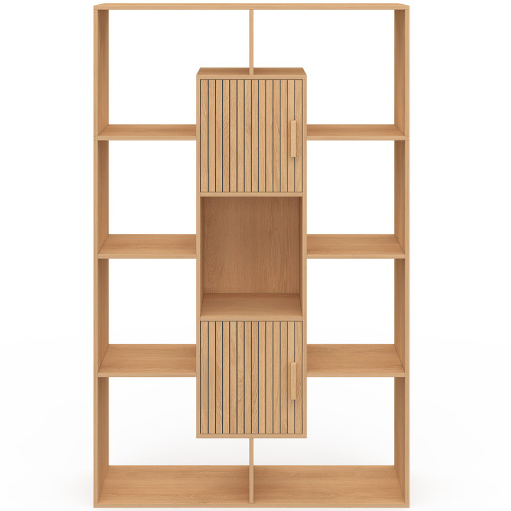 Etagère bibliothèque COLETTE avec 11 compartiments et 2 cases effet lattes JULIETTE 143 cm