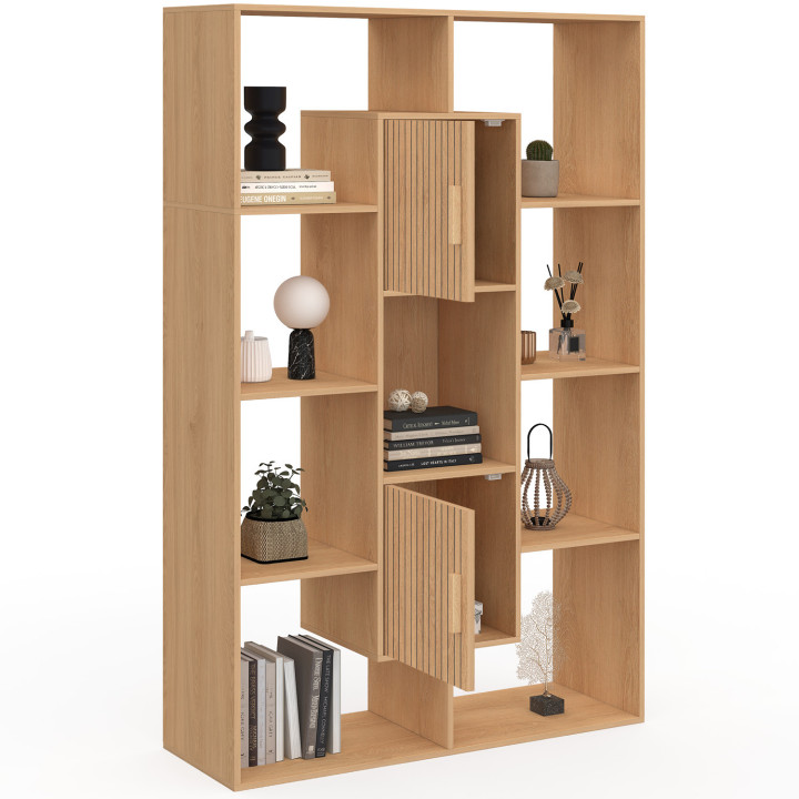 Bücherregal COLETTE mit 11 Fächern und 2 Fächern JULIETTE Latteneffekt 143 cm