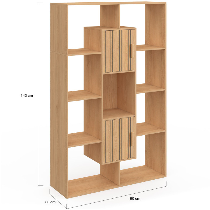 Bücherregal COLETTE mit 11 Fächern und 2 Fächern JULIETTE Latteneffekt 143 cm