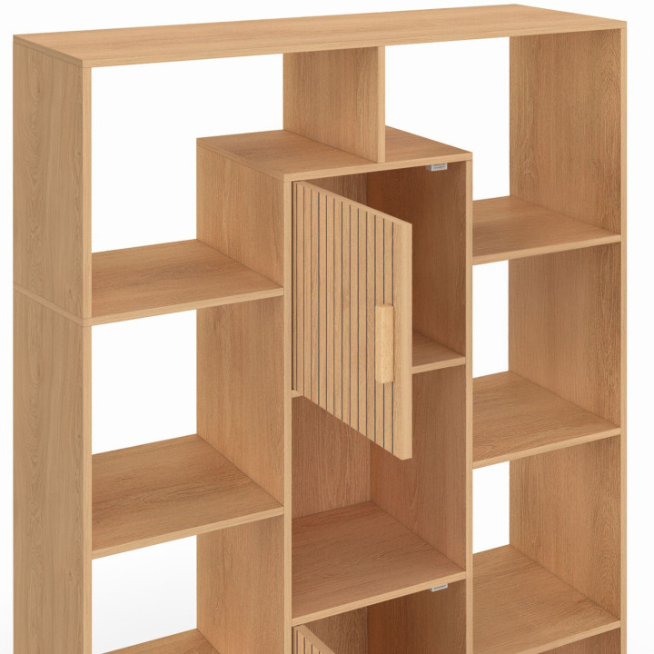 Etagère bibliothèque COLETTE avec 11 compartiments et 2 cases effet lattes JULIETTE 143 cm