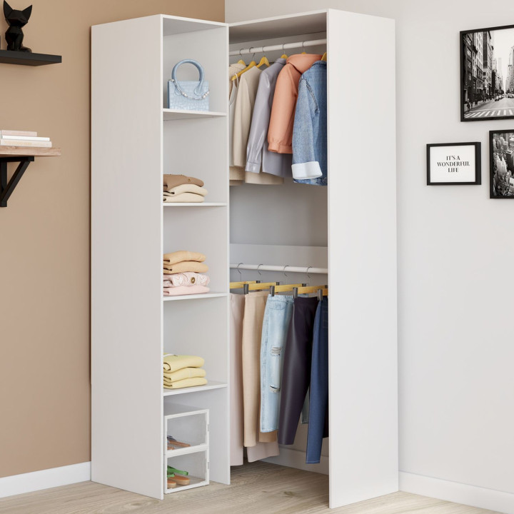 Armadio angolare modulare L. 90 / 127 cm MELMAN armadio doppio + ripiani bianco