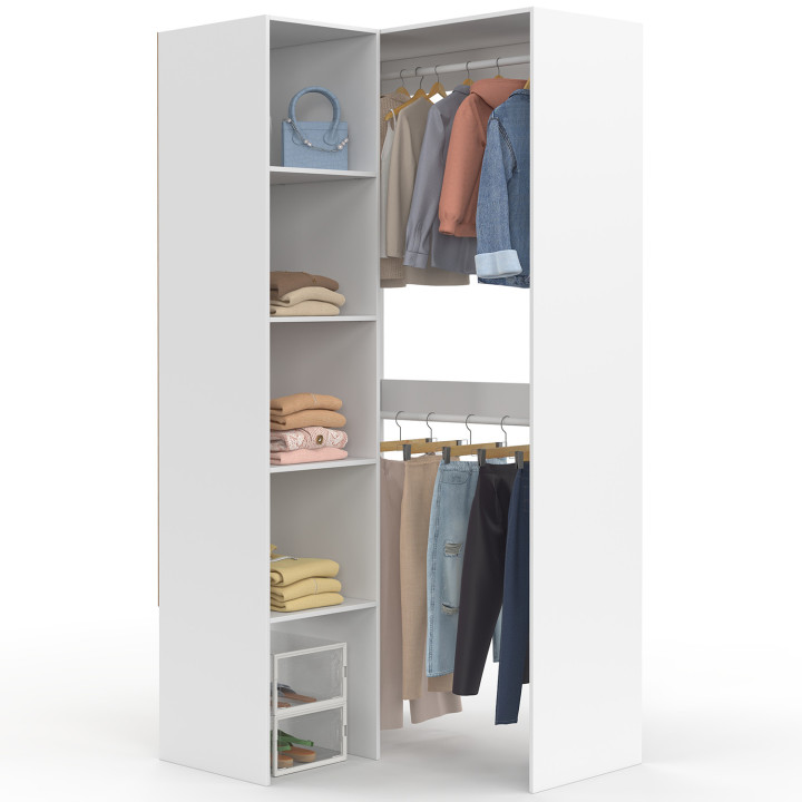 Modulaire hoekkast L. 90 / 127 cm MELMAN dubbele kledingkast + legplanken wit