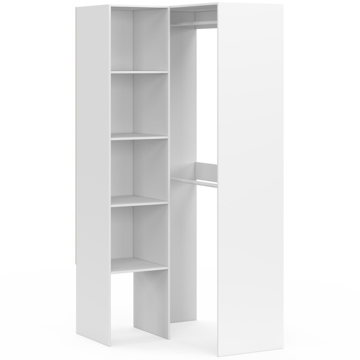 Dressing d'angle modulable L. 90 / 127 cm MELMAN double penderie + étagères blanc