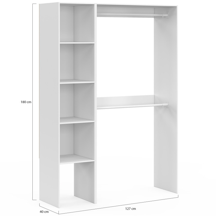 Modularer Eckkleiderschrank B. 90 / 127 cm MELMAN doppelte Garderobe + Regale weiß