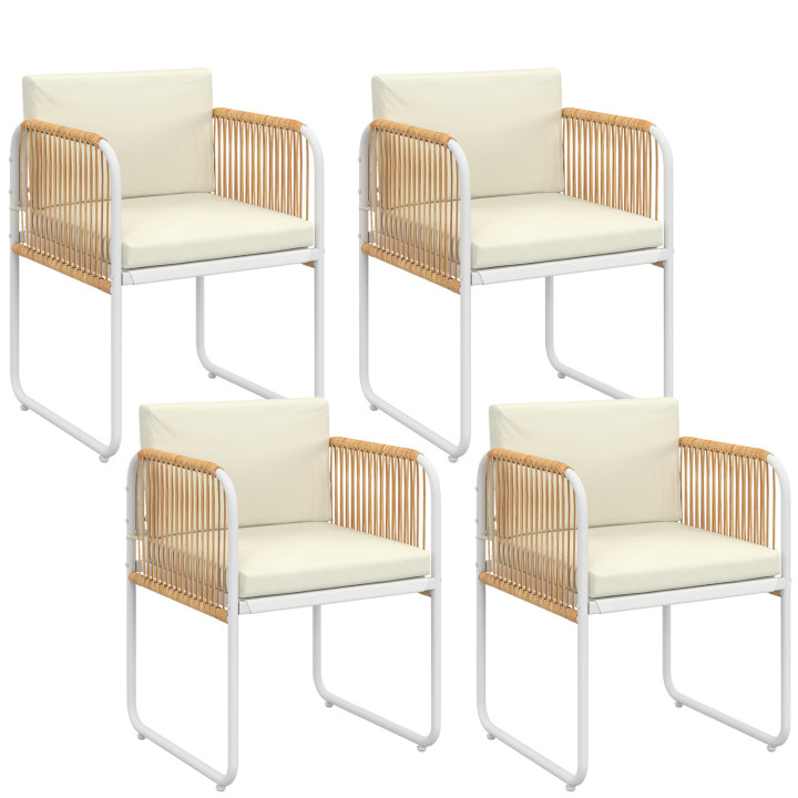 Set di 4 sedie RIO con struttura in metallo bianco, cordoncino effetto rattan chiaro e cuscini beige
