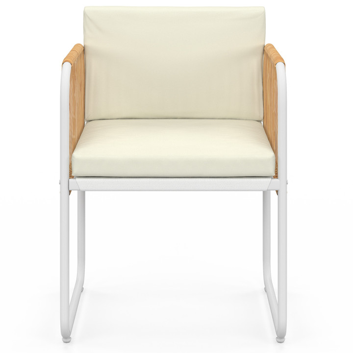 Set di 4 sedie RIO con struttura in metallo bianco, cordoncino effetto rattan chiaro e cuscini beige