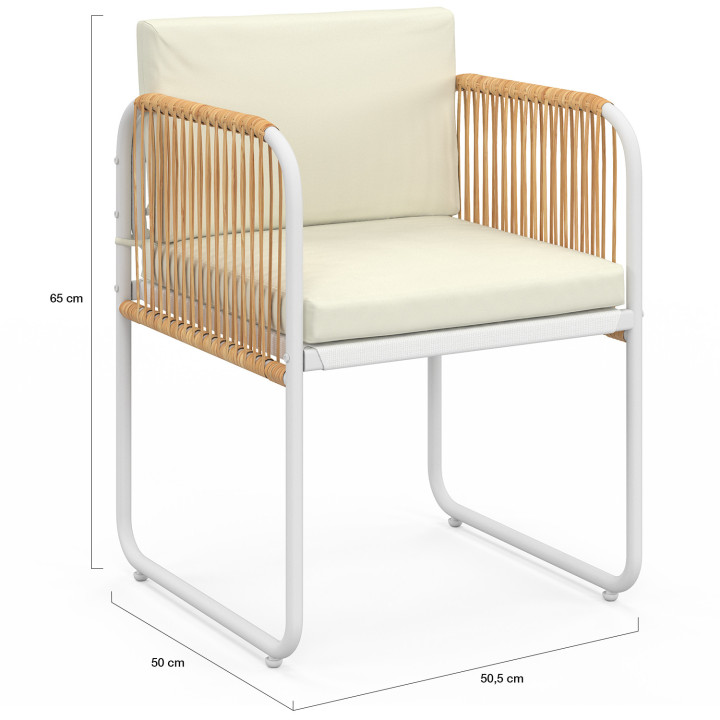 Lot de 4 chaises RIO structure métal blanc, cordage effet rotin clair et coussins beiges