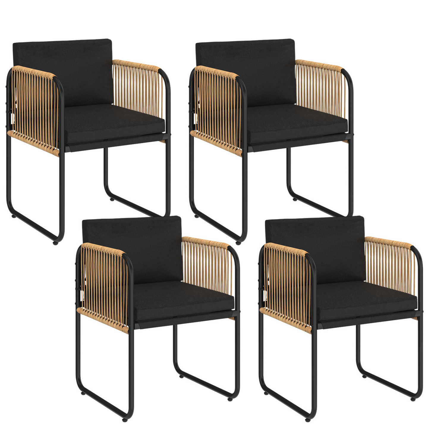 Lot de 4 chaises de jardin structure métal noir, cordage effet rotin ...