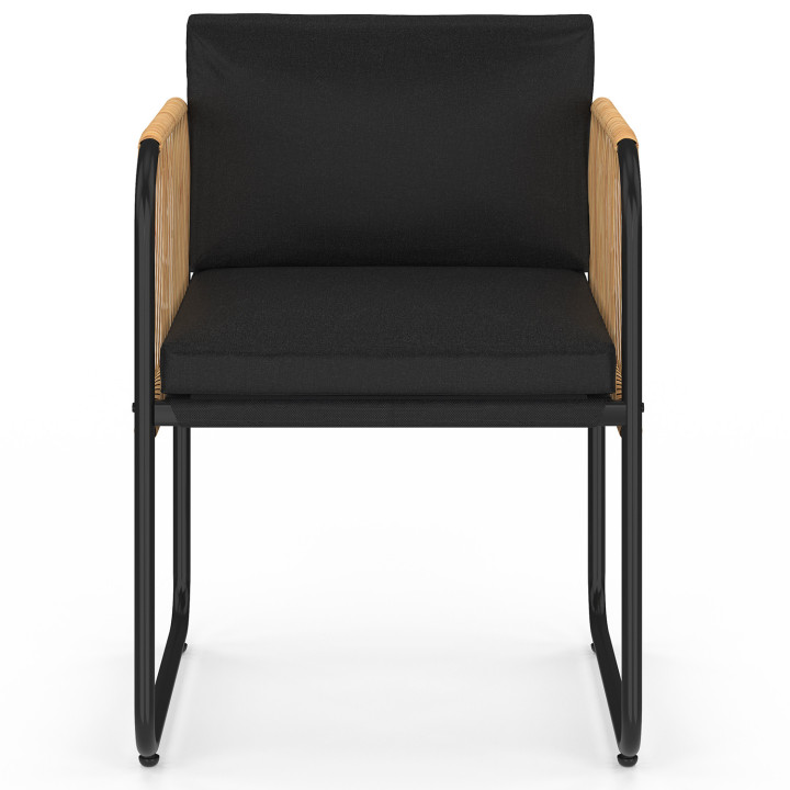 Set di 4 sedie da giardino RIO con struttura in metallo nero, cordoncino effetto rattan chiaro e cuscini neri