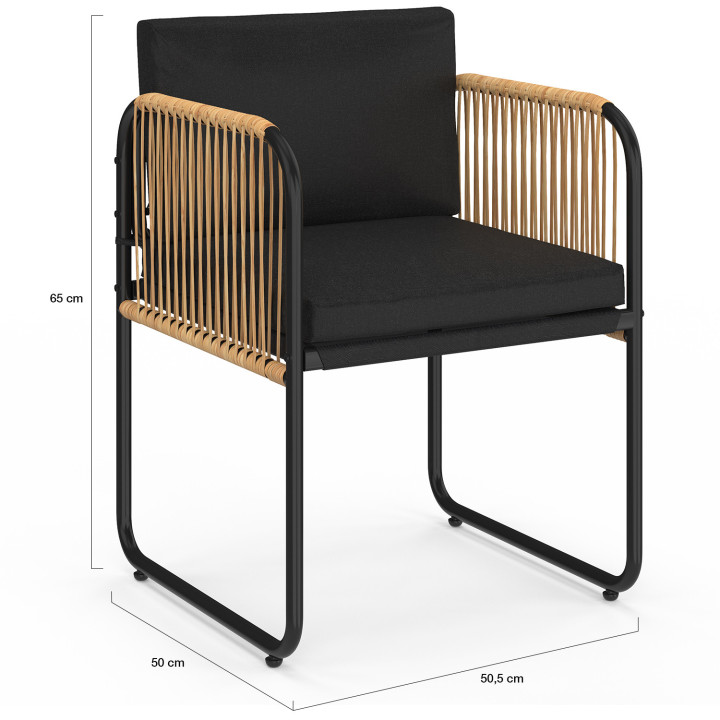 Set aus 4 Gartenstühlen RIO mit schwarzem Metallgestell, Seilen mit hellem Rattaneffekt und schwarzen Kissen