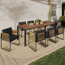 Set di mobili da giardino RIO 190 cm, tavolo e 8 sedie con struttura in metallo nero, cordoncino effetto rattan chiaro e cuscini