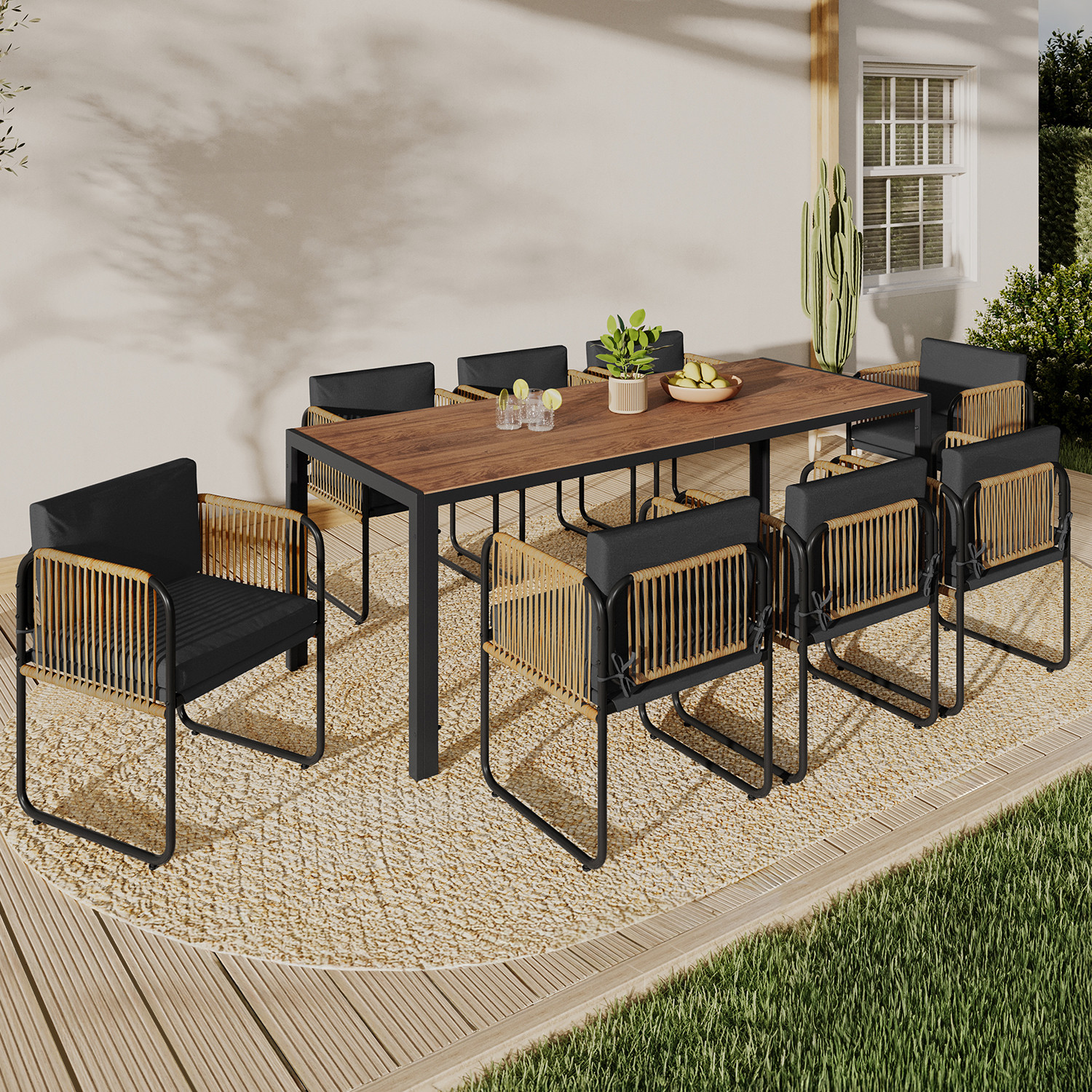Salon de jardin table 190 CM et 8 chaises métal noir, cordage effet rotin clair et coussins noirs