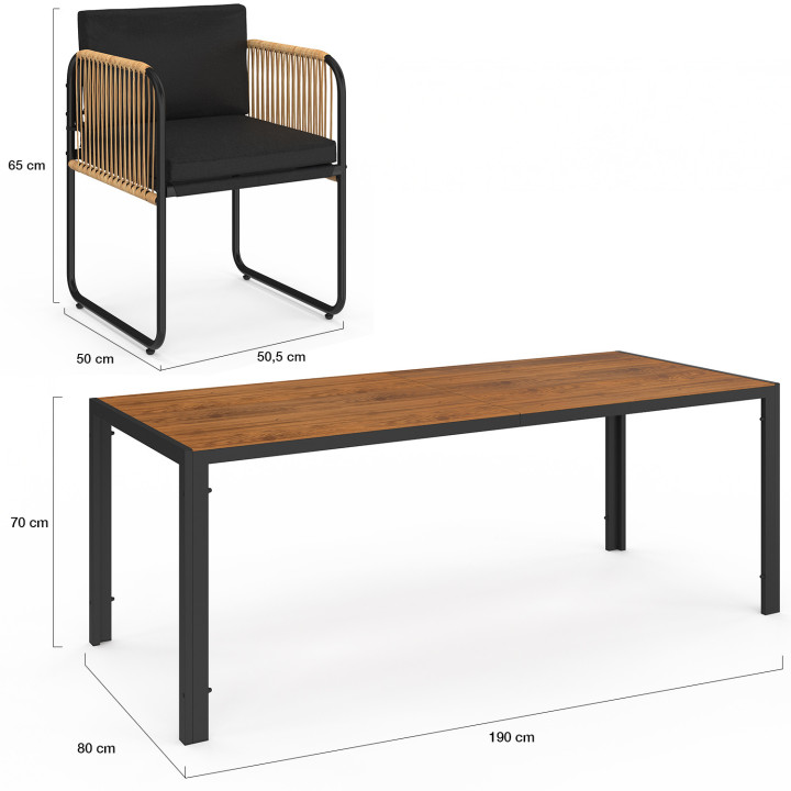 RIO tuinset 190cm tafel en 8 stoelen zwart metalen frame, licht rotan effect koord en zwarte kussens