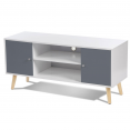 Meuble TV scandinave EFFIE 2 portes bois blanc et gris 113 cm