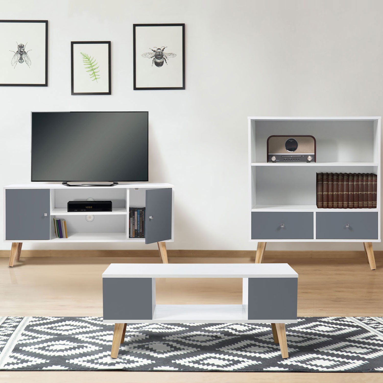 meuble tv effie scandinave 2 portes bois blanc et gris idmarket
