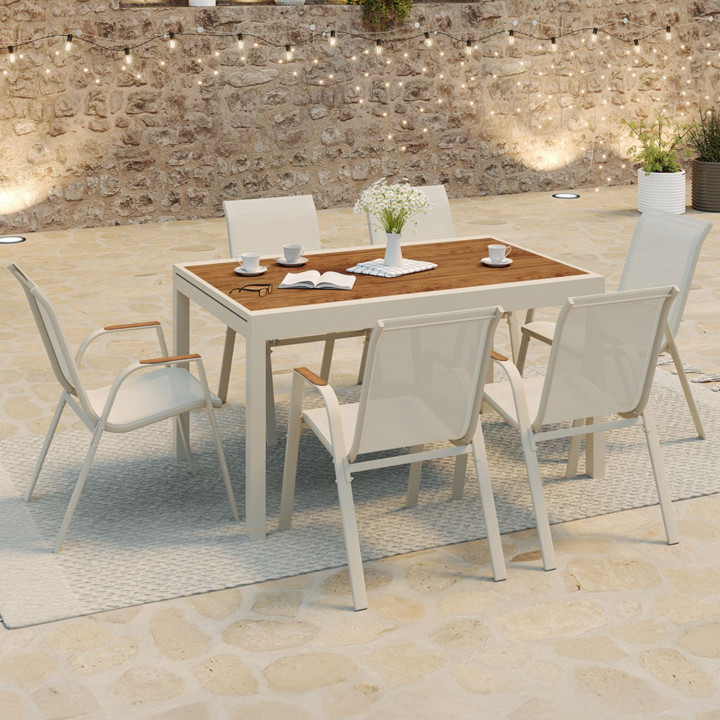 Conjunto de muebles de jardín extensibles NOUMEA Mesa de cristal templado efecto madera 135/270 cm y 12 sillas apilables beige y