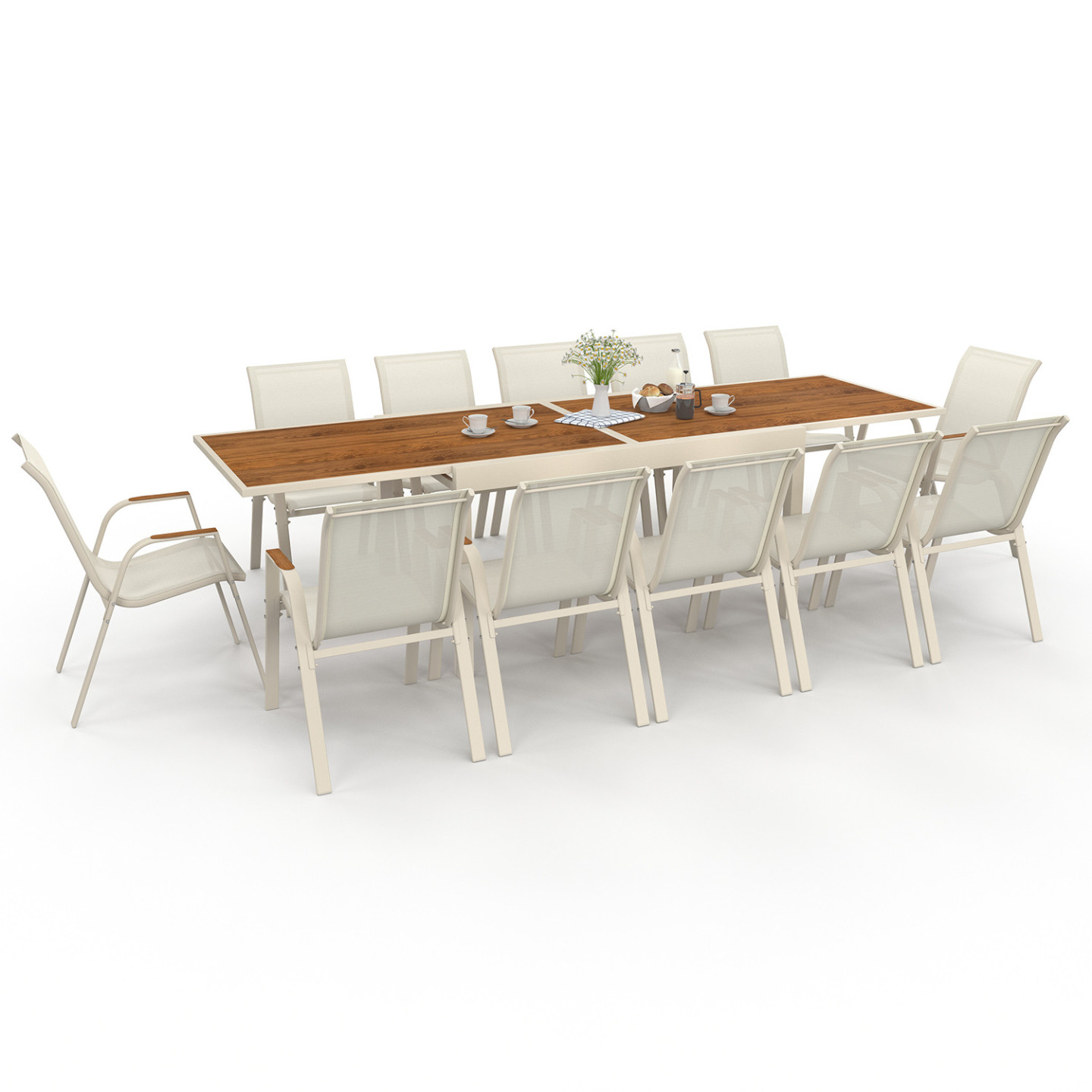 Gartenmöbel NOUMEA ausziehbar Tisch 135/270 cm Platte aus gehärtetem Glas in Holzoptik und 12 stapelbare Stühle in beige und Hol