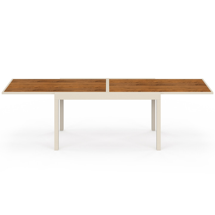 Gartenmöbel Ausziehbarer Tisch 135/270 CM Platte aus gehärtetem Glas in Holzoptik und 12 stapelbare Stühle Beige und Holz