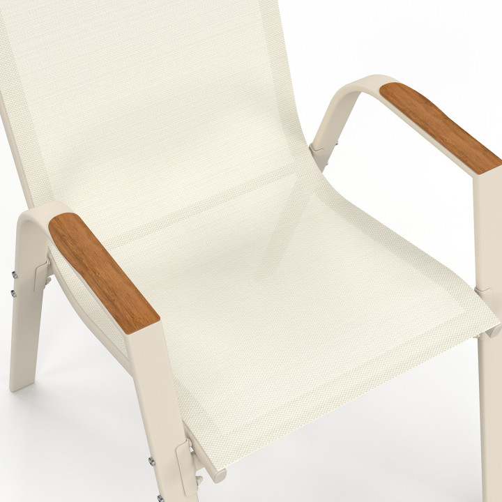 Salon de jardin NOUMEA table extensible 135/270 CM plateau verre trempé effet bois et 12 chaises empilables beige et bois