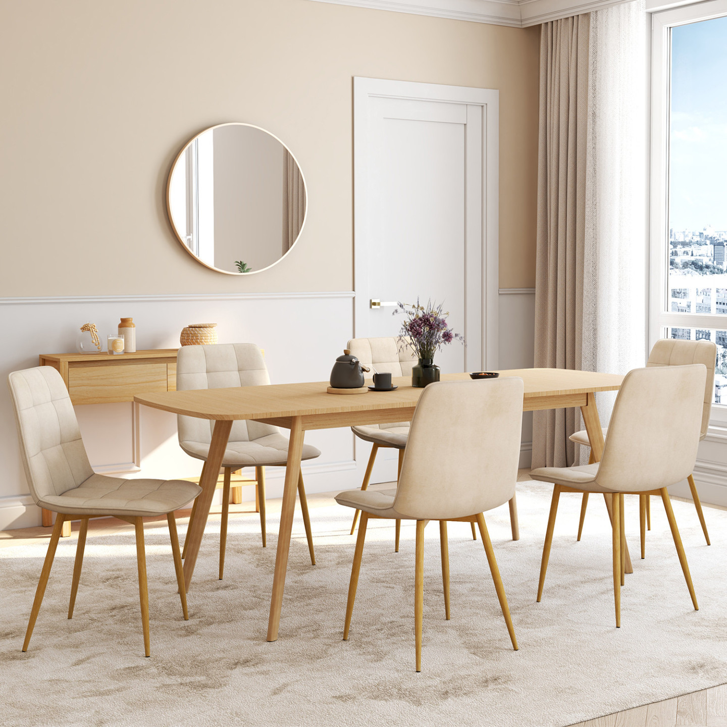 Set aus 6 beigefarbenen Samtstühlen mit Beinen in Holzoptik für das Esszimmer - MILA