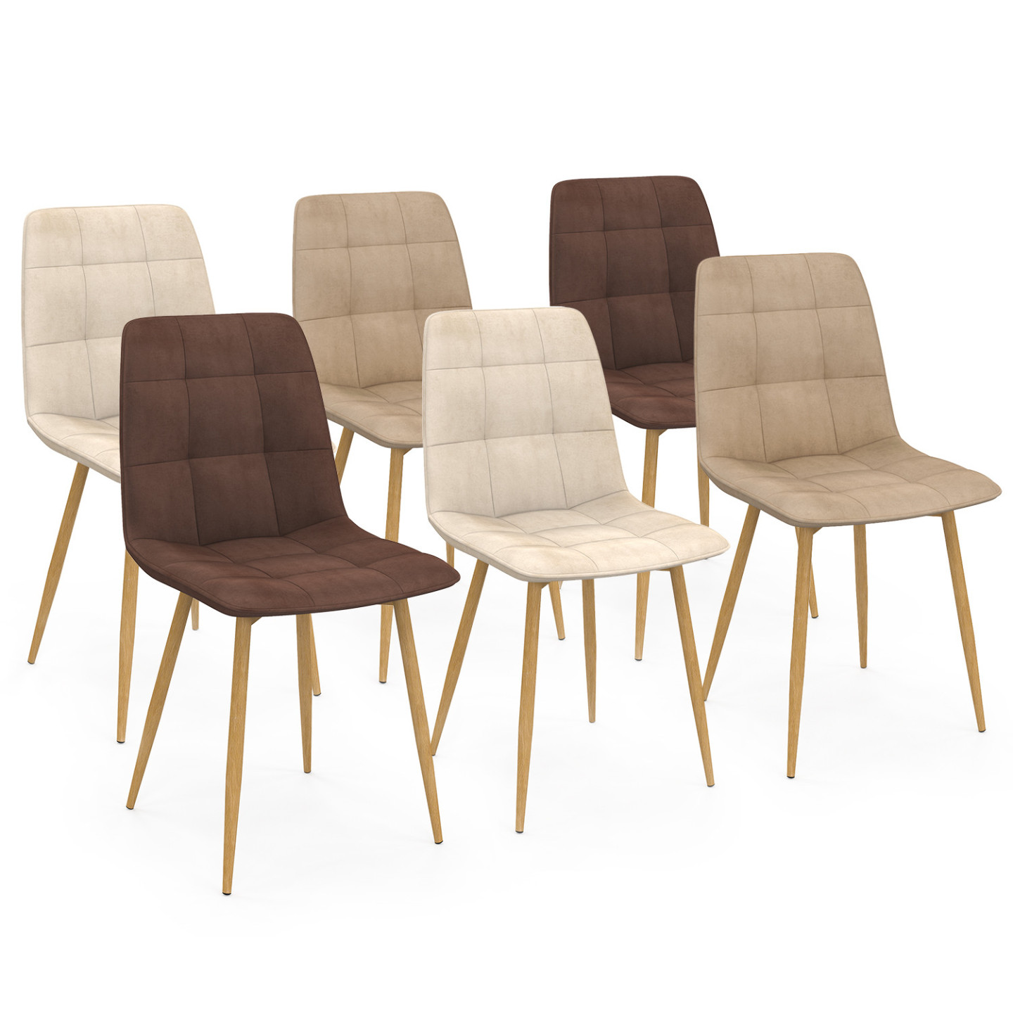 Lot de 6 chaises MILA en velours mix color taupe x2, beige x2, marron x2 et pieds effet bois pour salle à manger