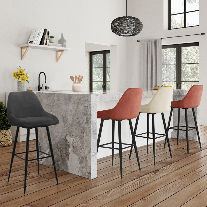 Lot de 4 tabourets de bar THALYA en velours mix color gris foncé, terracotta x2, beige avec demi-accoudoirs