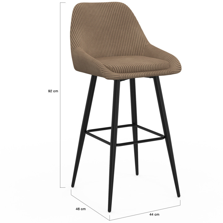 Lot de 4 tabourets de bar THALYA en velours cotelé taupe avec demi-accoudoirs