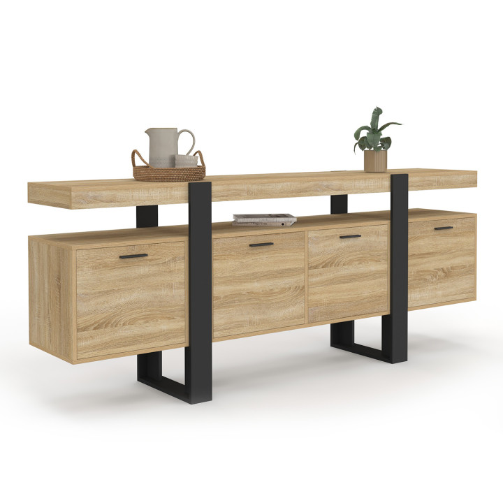 PHOENIX XXL Aparador de 4 puertas 200 cm con madera y hornacina negra