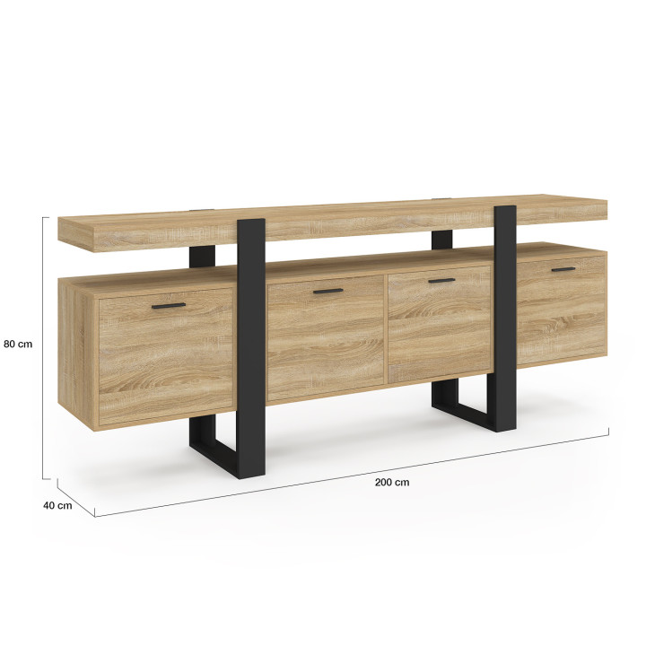 PHOENIX XXL Aparador de 4 puertas 200 cm con madera y hornacina negra