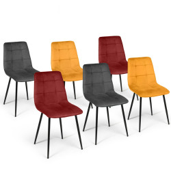 Set van 6 MILA vintage fluwelen mix kleur stoelen: bordeaux x2, donkergrijs x2, okergeel x2