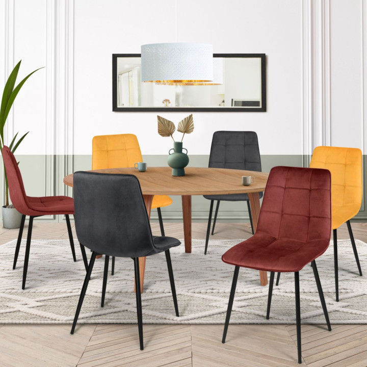 Set van 6 MILA vintage fluwelen mix kleur stoelen: bordeaux x2, donkergrijs x2, okergeel x2