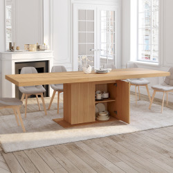 Mesa de comedor rectangular extensible 8-12 personas con pata central de tablillas y almacenaje 200-250 cm - JULIETTE | IdMarket