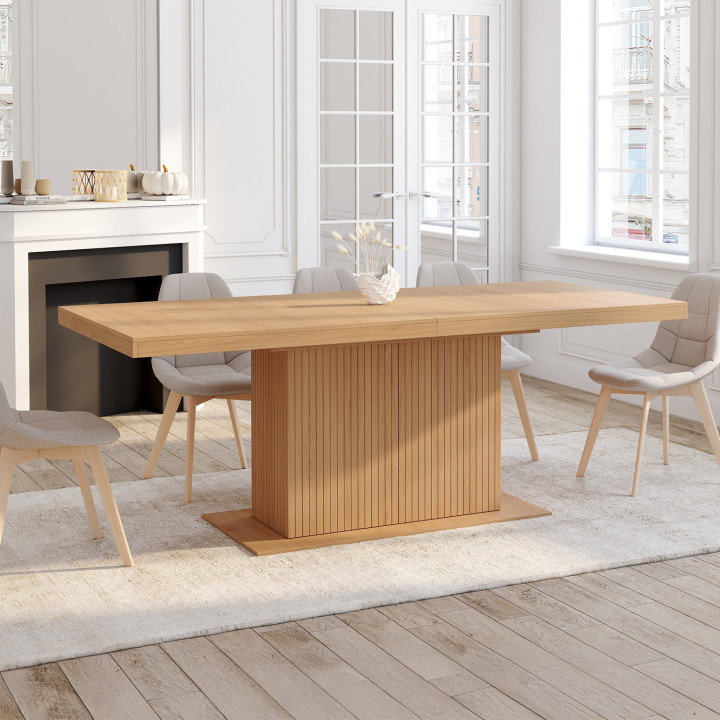 Mesa de comedor rectangular extensible 8-12 personas con pata central de tablillas y almacenaje 200-250 cm - JULIETTE | IdMarket
