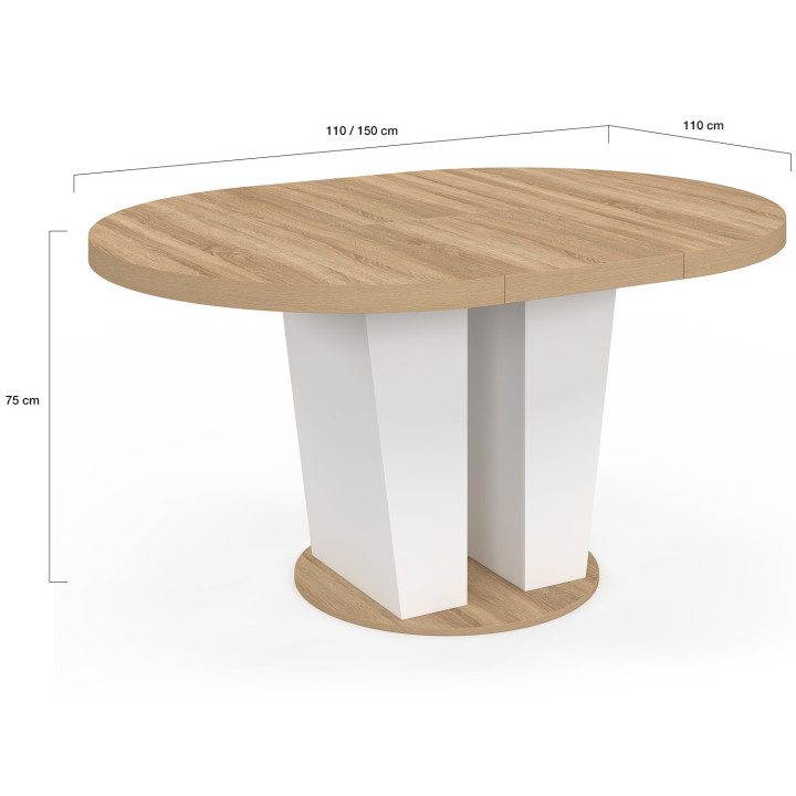 Table à manger extensible ronde ELIAD 4-8 personnes bois et blanc 110-150 cm