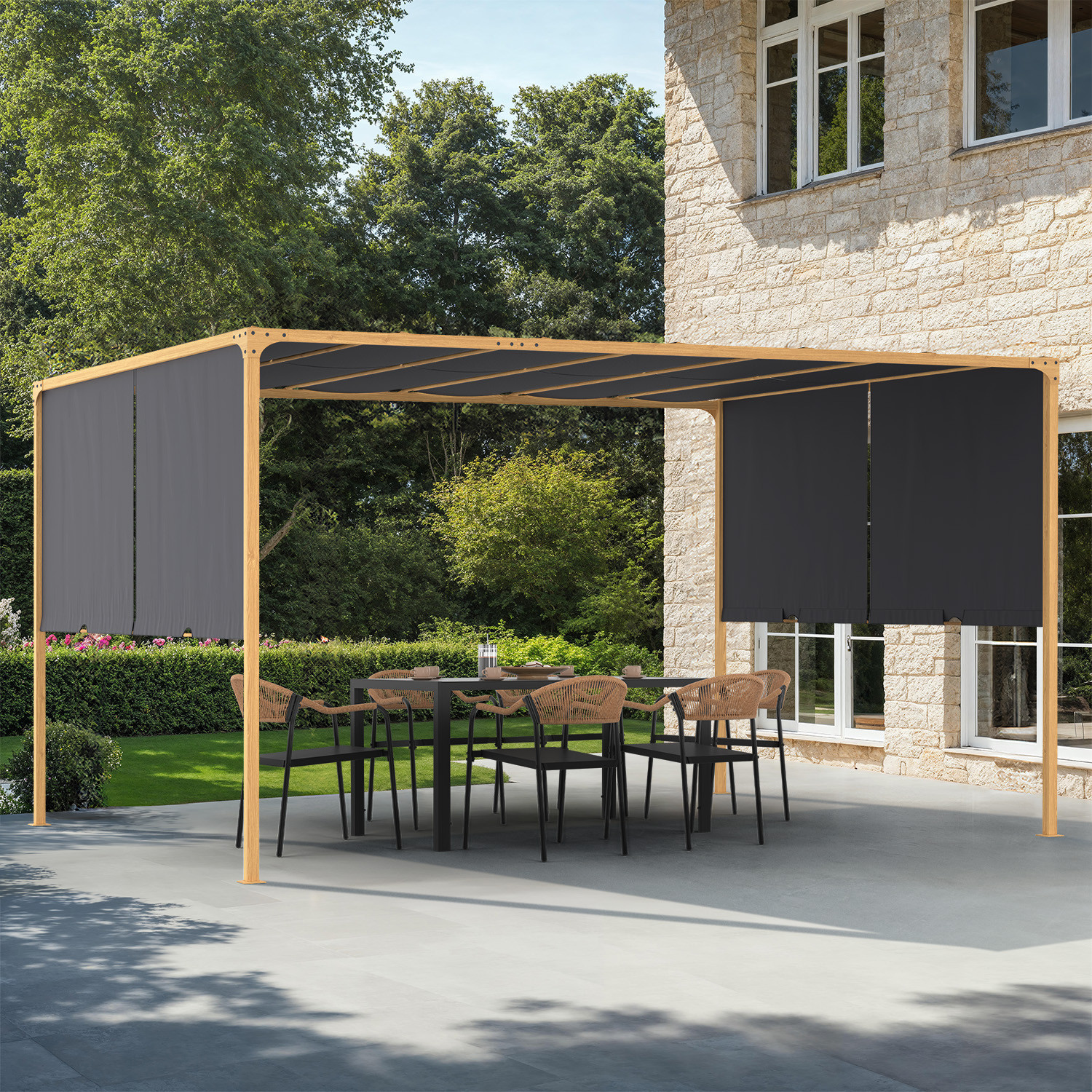 Pergola coulissante 2 pans 3x4 M belvédère de jardin effet bois toile gris anthracite