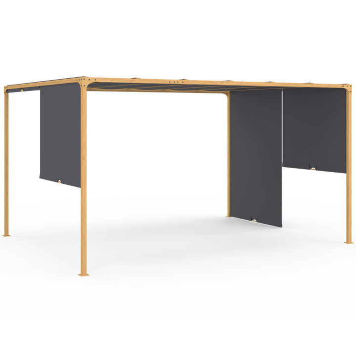2-zijdige schuifpergola 3x4 M tuinhuisje houteffect antraciet grijze stof