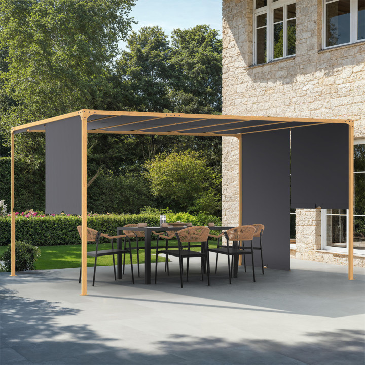 2-zijdige schuifpergola 3x4 M tuinhuisje houteffect antraciet grijze stof