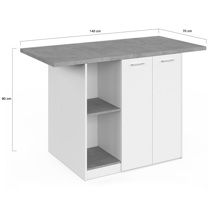 BAO 140 cm 4-persoons middeneiland in wit hout met werkblad in betoneffect
