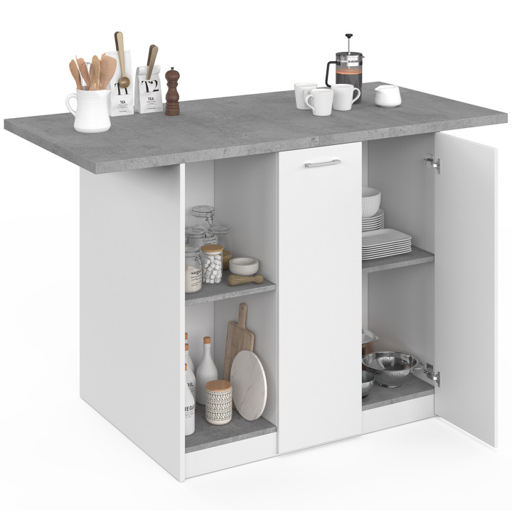 Isla central BAO 140 cm para 4 personas en madera blanca con encimera efecto hormigón