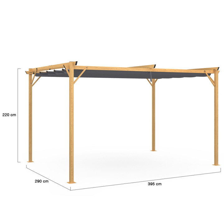 Pergola uitschuifbaar dak 4 poten 3x4 M prieel met houteffect antraciet grijze stof