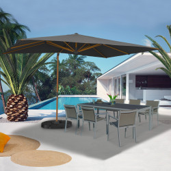 Parasol déporté inclinable rotatif 360 CALVI mat effet bois et toile grise 3X4M avec housse
